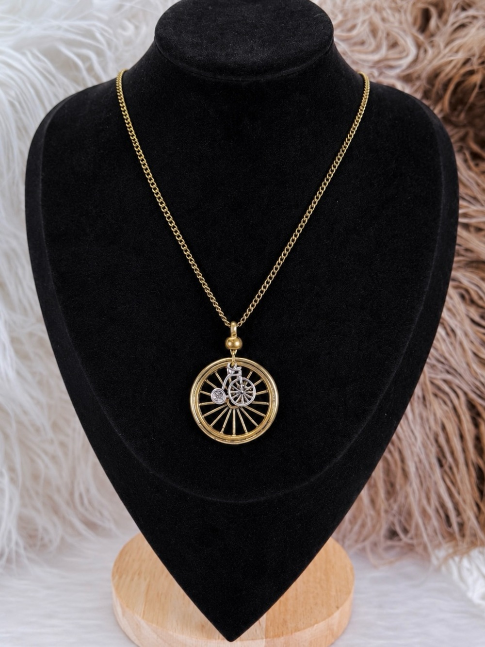 Brass-tone, bicycle wheel, charm pendant, long costume necklace